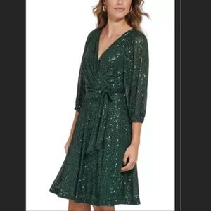 DKNY l Green Sequin Wrap Dress NWT